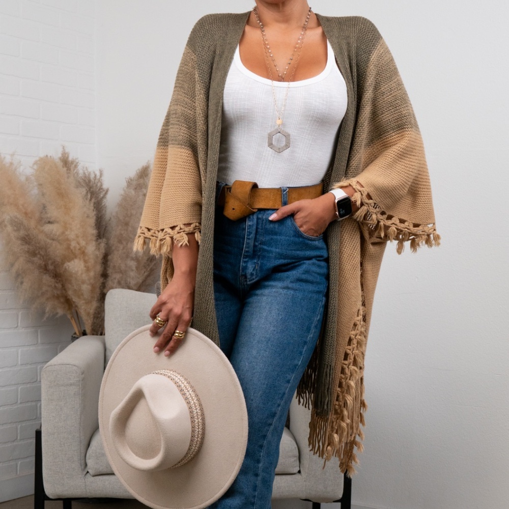 Brooke Multi-Colored Tasseled Ruana - Mocha